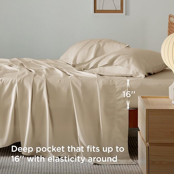 Bedsure Cooling Sheets Twin, Rayon Derived from Bamboo, Cooling Sheets, Breathable & Soft, Deep Pocket Up to 16 Inches, Hotel Luxury Silky Bedding for Hot Sleepers, Beige