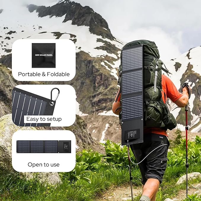 30W Solar Charger,Solar Panel USB for Camping, Hiking, and Outdoor Activities, Compact and Lightweight, IPX4 Waterproof, Charging Multiple Devices with Double Fast Charging Ports