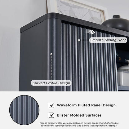 RedLemon Bathroom Wall Cabinet w/Fluted Sliding Door, Modern Medicine Cabinet w/Faux Marble Top & Adjustable Shelf, Curved Profile Wall Mounted Storage Organizer, Dark Grey