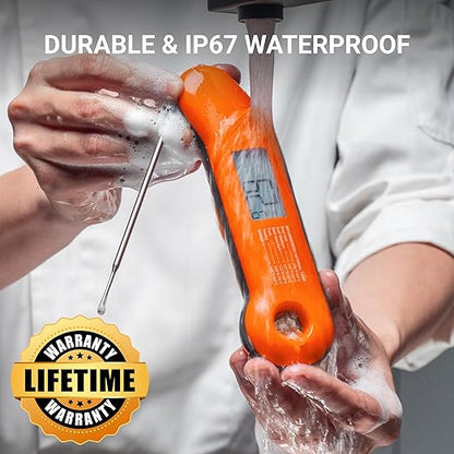 Professional Meat Thermometer Digital, Ultra-Fast 0.5 Sec Instant Read, NIST Certified ±0.5°F Accuracy, IP67 Waterproof, Auto-Rotating Backlit Display, Lift-to-Wake, for BBQ/Candy, Orange&Gray