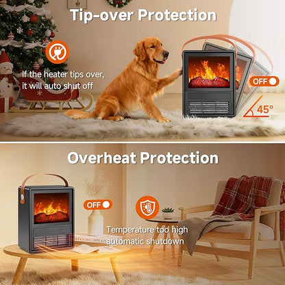 FLAME&SHADE Portable Electric Fireplace Heater for Indoor Use, Fire Place Heaters with 3D LED Flame Overheat & Tilt Protection, Space Heater Small Fireplace for Home Office Christmas Decoration, Black
