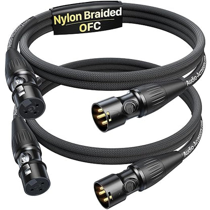Short XLR Cables 3.3ft 2 Pack, Gold Plated 3-Pin Connectors from Rean-Neutrik Sub Brand, Kevlar-Reinforced Nylon Braided & OFC Shielded XLR Male to Female Balanced Microphone Cord for Mixer, Amp, DAC