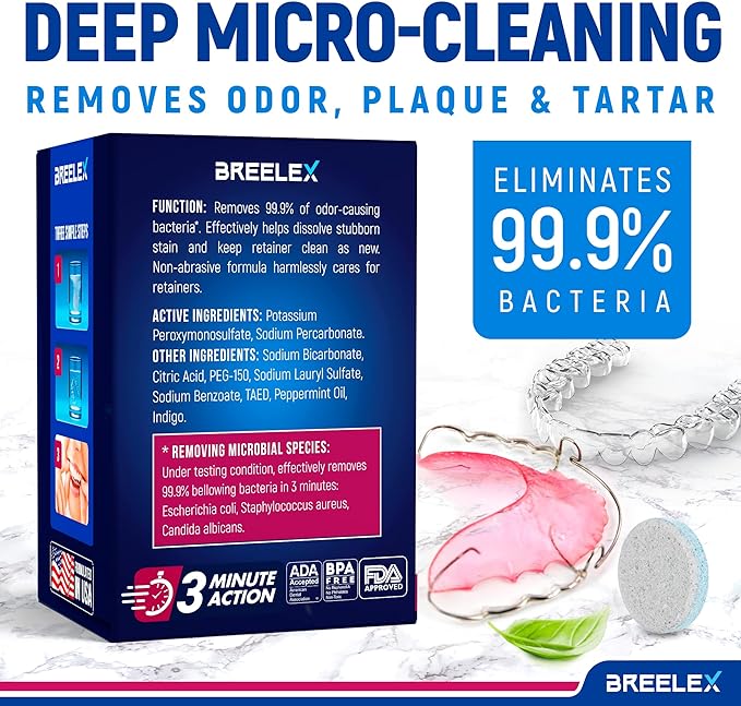 Breelex Denture Cleaning Tablets - 120 Retainer Cleaner Tablets for Aligner, Mouth & Night Guard - FSA HSA Approved Products - Dental Cleanser for Nightguard - Fresh in 3 Minute - Denture Cleaner