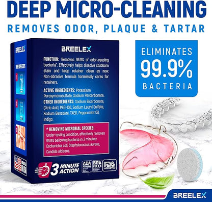 Breelex Denture Cleaning Tablets - 120 Retainer Cleaner Tablets for Aligner, Mouth & Night Guard - FSA HSA Approved Products - Dental Cleanser for Nightguard - Fresh in 3 Minute - Denture Cleaner