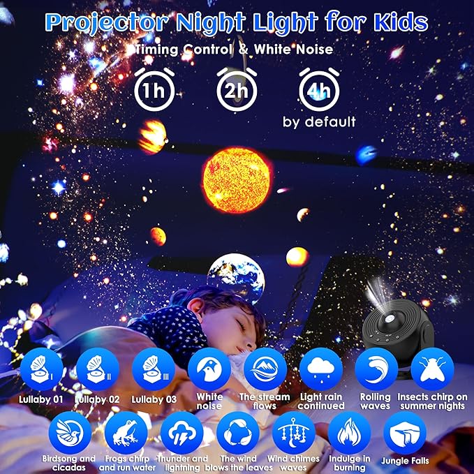 Galaxy Projector for Bedroom Pro Version, HD 12 in 1 Film Discs Star Projector with Bluetooth Galaxy Light, Planetarium Projector with Timer, White Noise, 360 ° Rotation, Remote Control，Black