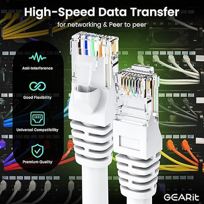 GEARit Cat 6 Ethernet Cable (50-Pack 2 Feet) Cat6 Network Patch, 10Gbps, RJ45, Snagless Cord, Gold-Plated Connectors, Internet for PC, TV, Tablet, Router, Printer, Servers, IT Data Center - White