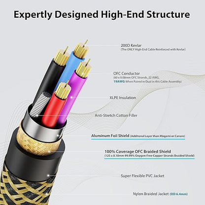 AA AUDIO ACCESSORY Gold Series Star Quad XLR Cables 10ft「Gold Plated Neutrik Connectors」 Handmade Microphone Cable with Kevlar-Reinforced Nylon Braided, 100% Coverage OFC Braided and Al-Foil Shield