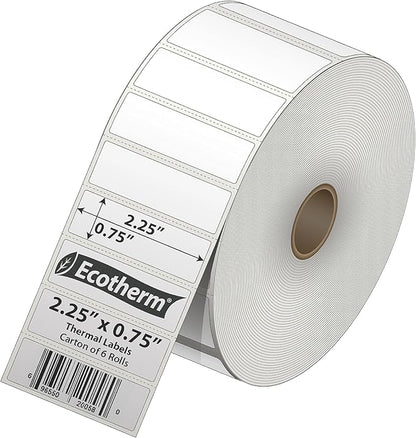 2.25" x .75" Thermal Labels | 6 Rolls | 19890 Labels | fits Zebra, Munbyn, Rollo, Godex, Arkscan, iDPRT, Offnova Thermal Label Printers and More | Blank White Adhesive Stickers by Ecotherm