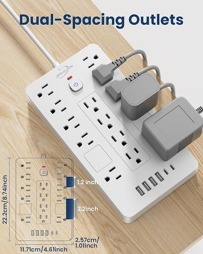 JouleLoom Surge Protector Power Strip-14 Outlets and 6 USB Ports, 10 Feet Flat Plug Extension Cord, 1850 Joules, White, ETL Listed for Home, Office, Dorm Room