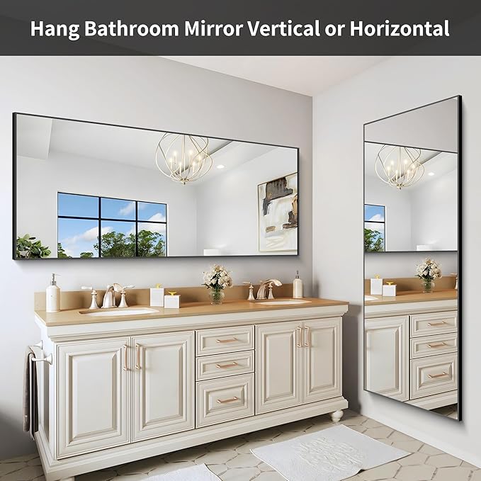 30x72inch Bathroom Mirror, Black Rectangle Mirror with Thin Frame, Large Rectangular Wall Mirrors for Bathroom, Living Roomm, Hair Salon, Big Farmehouse Mirror Hang Horizontal/Vertical