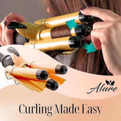 Alure Three Barrel Curling Iron Wand Hair Waver with LCD Temperature Display - 1 Inch Ceramic Tourmaline Triple Barrels, Dual Voltage Crimp (zGold)