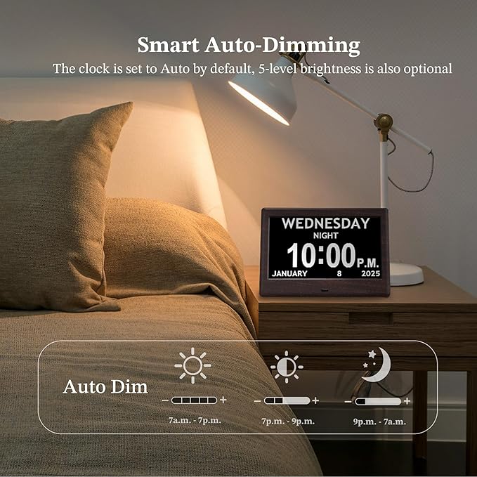 7'' Digital Clocks, 12 Reminders & 6 Alarms, Dementia Clock with Date and Time for Elderly, Auto-Dimming, Button & Remote Control, Auto DST, Digital Calendar for Seniors Large Display, Brown Woodgrain