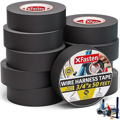 XFasten Wire Harness Tape, 3/4-Inch x 50 Feet (10-Pack), High Temp Wiring Loom Harness, Self-Adhesive Felt Cloth Electrical Tape for Automotive Engines, Noise Dampening, and Cable Protection