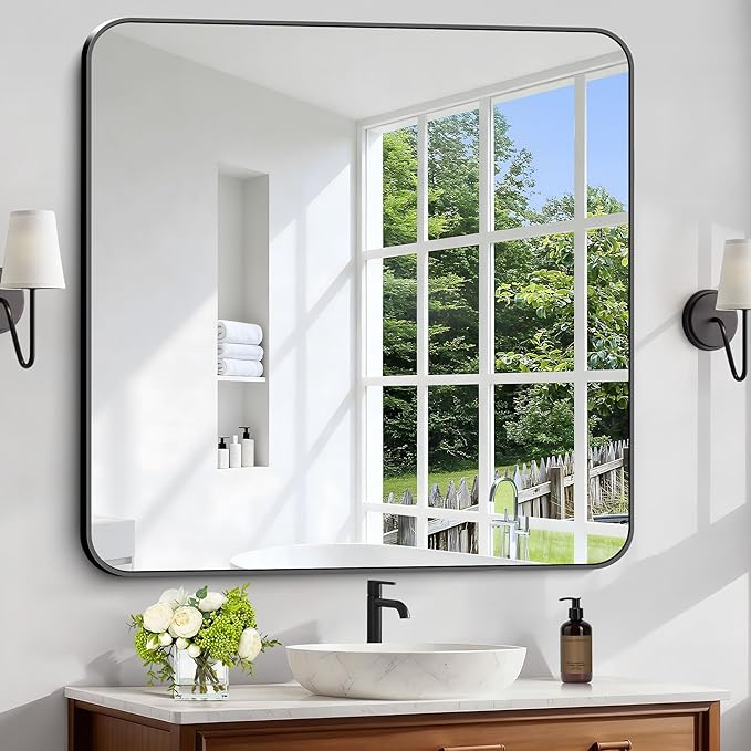 Black Bathroom Mirror, 38x40 inch Aluminum Metal Frame Rectangular Vanity Mirror, Large Wall Mounted Rectangle Mirrors with Rounded Corner for Over Sink Bedroom Living Room Horizontal/Vertical