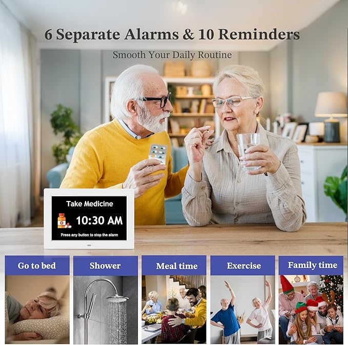 10.1'' Extra Large Digital Clock, 1280*800p HD Display, Dementia Clock For Seniors, Digital Clock With Date, Time, Day Of Week, 10 Reminders & 6 Alarms, Auto Dimming & DST, Remote Control, White