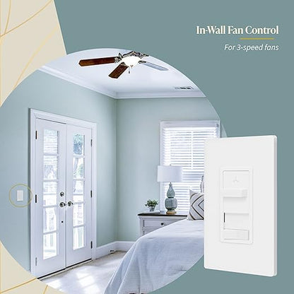 TOPGREENER Kalide Light Switch and 3-Speed Ceiling Fan Control Combo, in Wall Light and Fan Combination Switch, Single Pole, 2.5A, 720W, Neutral Wire Not Required, TGSFS3-W, White