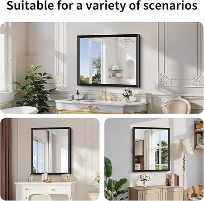 Black Bathroom Mirror 30 x 36 Inch Rectangle Wave Beveled for Wall Bathroom Vanity Mirror for Over Sink, Tempered Glass,for Entryway Hangs, Bathroom Living Room Horizontal or Vertical