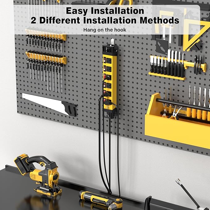 Heavy Duty Power Strip - 6 Outlet Power Strip with 6 Individual Switches Cord Manager Surge Protector 1200J Home Office Garage Industrial Workshop