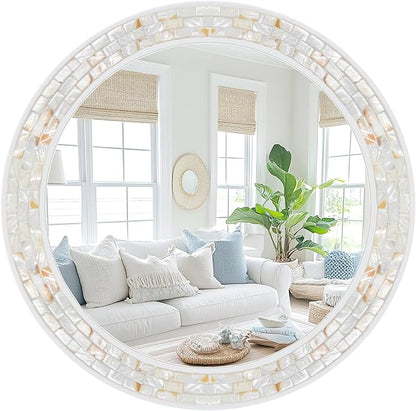 Tanmicoshomy Round Wall Mirror 30 Inch, Natural Shell Framed Circle Mirrors with Tempered Glass for Coastal Bathroom Bedroom Living Room or Entrayway