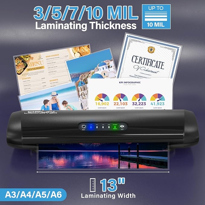 3-10 Mil Commercial Laminator Machine with Laminating Sheets, 4-Roller Jam-Free Thermal Laminator Machine 11x17, Fast Warm-up 13 Inch Laminating Machine, Hot Lamination Machine for Office School Home