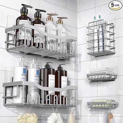 EUDELE 5-Pack Rustproof Stainless Steel Shower Caddy – No Drill Adhesive Bathroom Organizer with Large Capacity, Spacious Shower Shelves for Inside Shower, Kitchen & Home Decor Storage-XL Size