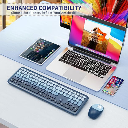 HotFox Wireless Keyboard and Mouse Combo, Full-Size Retro Typewriter Keyboard with Round Keycaps, Ergonomic Design for Windows PC, Home and Office Use -Blue