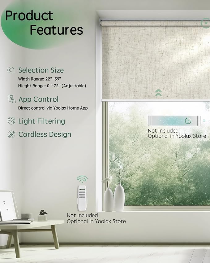 Yoolax Motorized Blinds App Control, Light Filtering Motorized Shades for Windows, Cordless Automatic Roller Shades for Bedroom Living Room Office(Light Filtering Linen Beige, 40" W x 72" H)