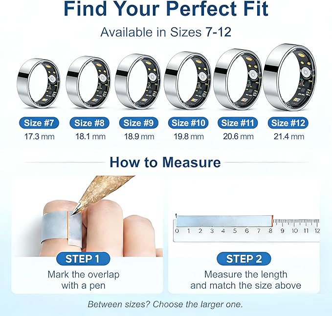 Smart Ring Health & Fitness Tracker for Men & Women, Heart Rate, SPO₂, Sleep & Activity Monitoring, IP68 Waterproof, Long Battery Life, Family Care Mode, No Subscription Fee (Silver, 7)