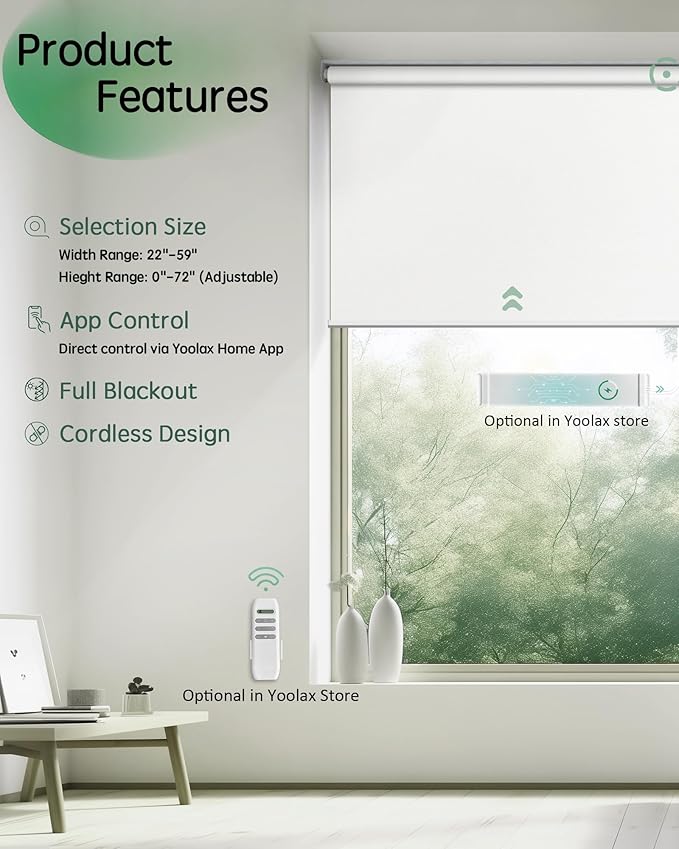 Yoolax Motorized Blinds App Control, Blackout Roller Shades for Windows, Cordless Automatic Shades Roller Window Blinds for Bedroom Living Room Office (Blackout Alpine White, 25" W x 72" H)