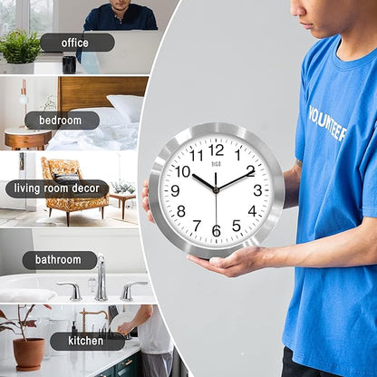 HITO 10 Inch Silent Wall Clock Battery Operated Non Ticking Glass Cover Silver Aluminum Frame, for Kitchen, Bedroom, Home Office, Living Room Decor