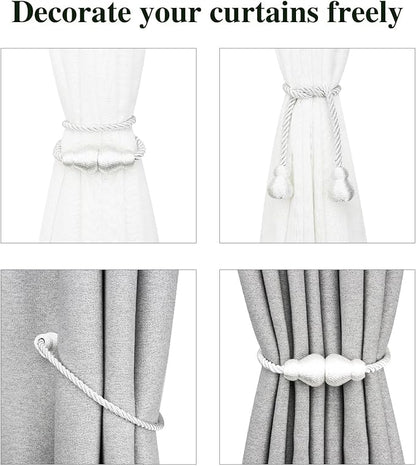 Nieffeiy Magnetic Curtain Tiebacks 2Pack Outdoor Curtain Tie Backs Rope Decorative Magnetic Curtain Holders for Drapes Window Treatment Holdbacks, White