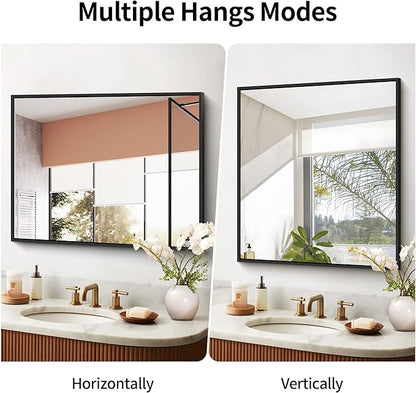 Black Bathroom Mirror for Wall, 30x36 Inch Rectangle With Metal Frame, Modern Vanity for Bathroom Living Room, Entryway Hangs Horizontal or Vertical