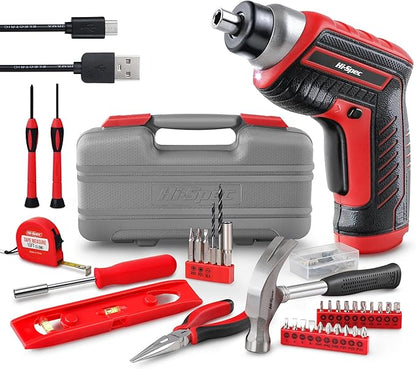 Hi-Spec 35pc Red Tool Kit with 3.6V USB Electric Screwdriver and Drill Set. Complete Basic Tool Set