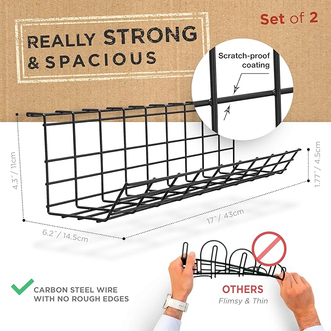 Under Desk Cable Management Tray, Cord Organizer for Wire, Cord Management Under, Wire Holders - Black Tray - Set of 2X 17