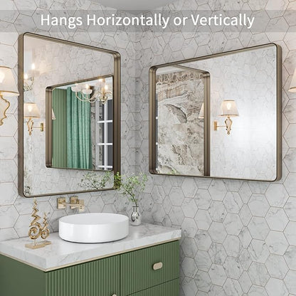 LOAAO 28”X36” Bronze Bathroom Mirrors for Vanity, Rounded Rectangle Brushed Bronze Metal Frame Mirror, Anti-Rust, Hangs Horizontally or Vertically