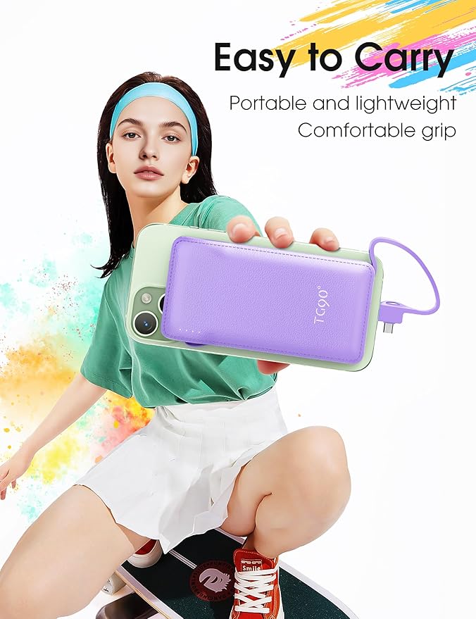 TG90° Portable Charger,10000mAh Power Bank Built-in Cables and AC Wall Plug,USB C Portable Bank,Travel Essentials Phone Charger Compact External Battery Pack Compatible with iPhones,iPad, Samsung
