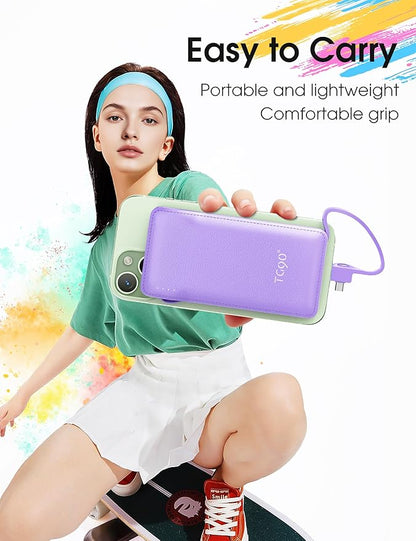 TG90° Portable Charger,10000mAh Power Bank Built-in Cables and AC Wall Plug,USB C Portable Bank,Travel Essentials Phone Charger Compact External Battery Pack Compatible with iPhones,iPad, Samsung