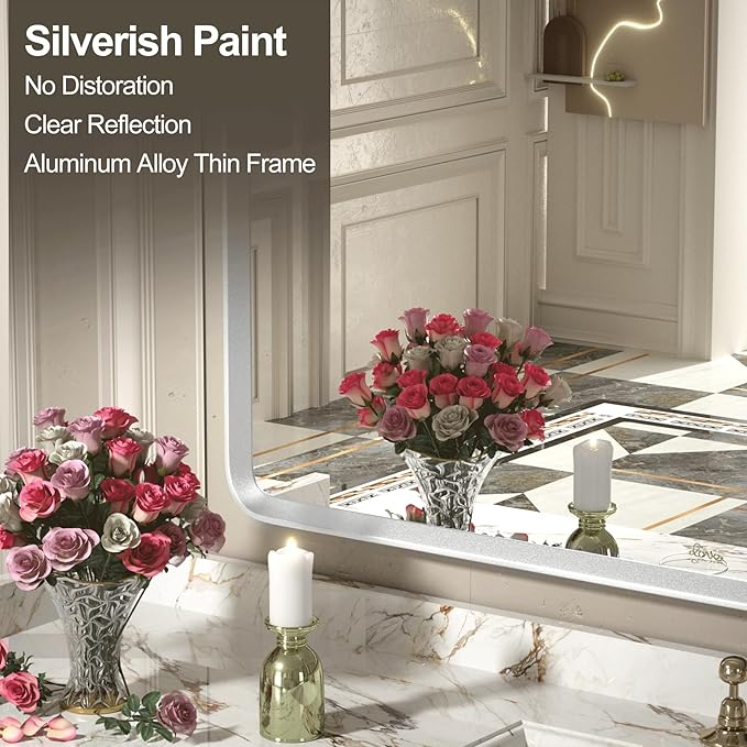 28x32 Inch Silver Framed Mirror, Silver Rounded Rectangle Bathroom Vanity Mirror for Wall, Silverish Painted, Shatterproof, Anti-Rust (Horizontal/Vertical)