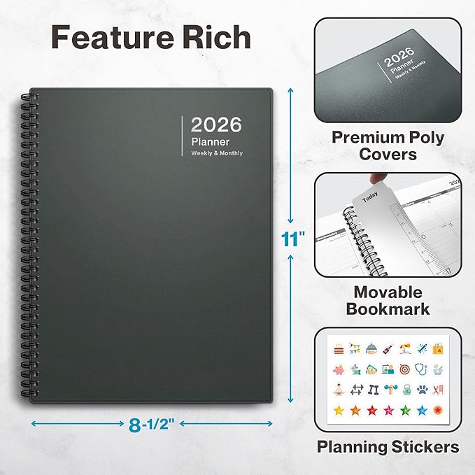 Dunwell 2026 Planner Book 8.5x11, Weekly Monthly Calendar, Jan to Dec, Large Daily Organizer with Laminated Tabs, Bookmark, Notes Section & Stickers
