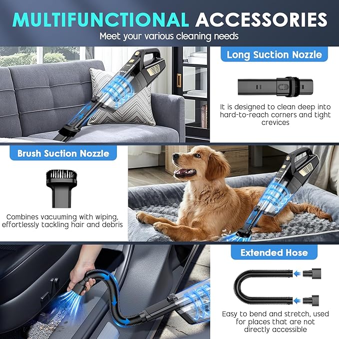 CKIKH Handheld Vacuum Cordless, 15000PA Strong Suction Hand Held Car Vacuum Cleaner Portable with Multi-Nozzles & Washable Filter, Lightweight Dust Busters Rechargeable for Home, Car, Office, Pets