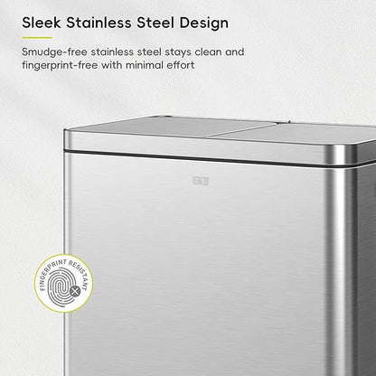 EKO Edison Dual Trash Can for Recycling and Trash, 8+8 Gallons Kitchen Garbage Can with Dual Removable Inner Liners, Independent Lids and Pedals, Matte Stainless Steel