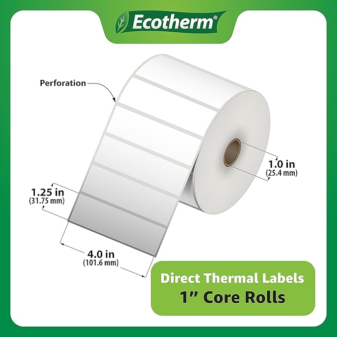 4" x 1.25" Thermal Labels | 6 Rolls | 12600 Labels | fits Zebra, Munbyn, Rollo, Godex, Arkscan, iDPRT, Offnova Thermal Label Printers and More | Blank White Adhesive Stickers by Ecotherm