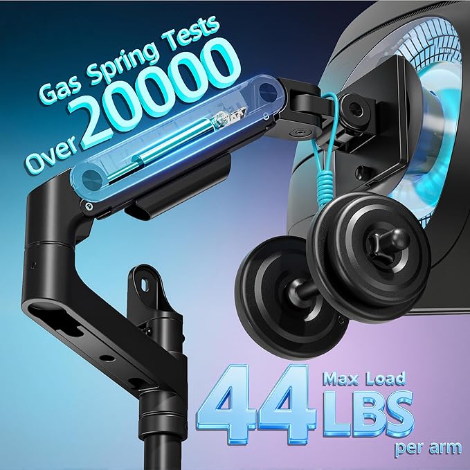 ARES WING Dual Monitor Wall Mount for 17-49 Inch Ultrawide Screens, Heavy Duty Wall Mount Monitor Arm Holds 44 lbs Each, Fully Adjustable Gas Spring Monitor Arm, 75x75/100x100 VESA Mount, Black