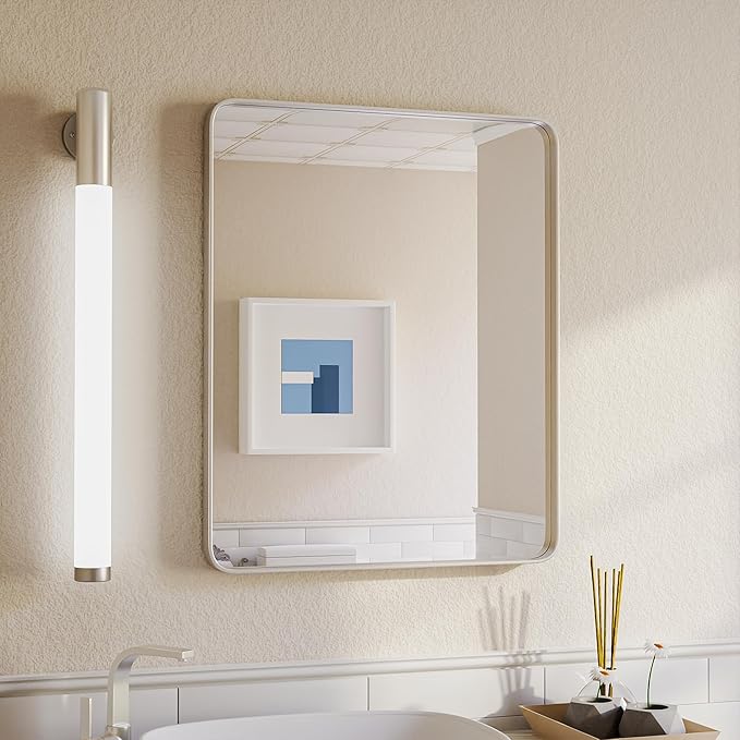 ISKM Silver Framed Mirror for Wall 20"x 16", Bathroom Vanity Mirror Anti-Rust, Tempered Glass, Rounded Rectangle Mirror(Horizontal/Vertical)