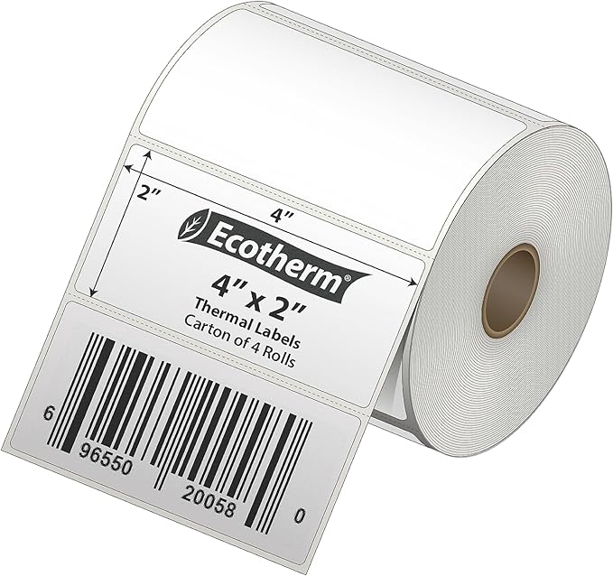 4" x 2" Thermal Labels | 4 Rolls | 3040 Labels | fits Zebra, Munbyn, Rollo, Godex, Arkscan, iDPRT, Offnova Thermal Label Printers and More | Blank White Adhesive Stickers by Ecotherm
