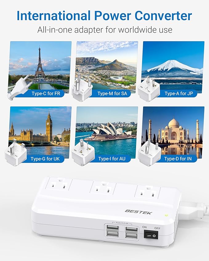 BESTEK 220v to 110v Voltage Converter, US to Europe Converter for Hair Straightener/Curling Iron, 250W Power Converter for European Travel, (EU/UK/AU/JP/India/South Africa Universal Plug Adapter)