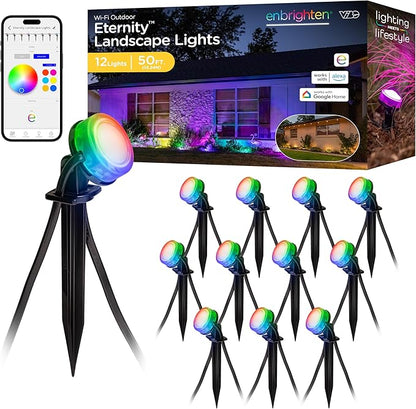 Enbrighten Vibe Eternity Garden Lights, 50ft, 12 RGBWIC LEDs, Waterproof, Uplights, Outdoor Landscape Lighting, Home Exterior Spotlight, Smart App, Compatible with Alexa, Google Home, 83790