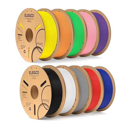ELEGOO PLA Filament Bundle 10KG, 1.75mm 3D Printer Filament Dimensional Accuracy +/- 0.02mm 10 Assortment Colors, 1kg Spool(2.2lbs) Black/White/Gray/Red/Yellow/Orange/Dark Blue/Neon Green/Pink/Purple