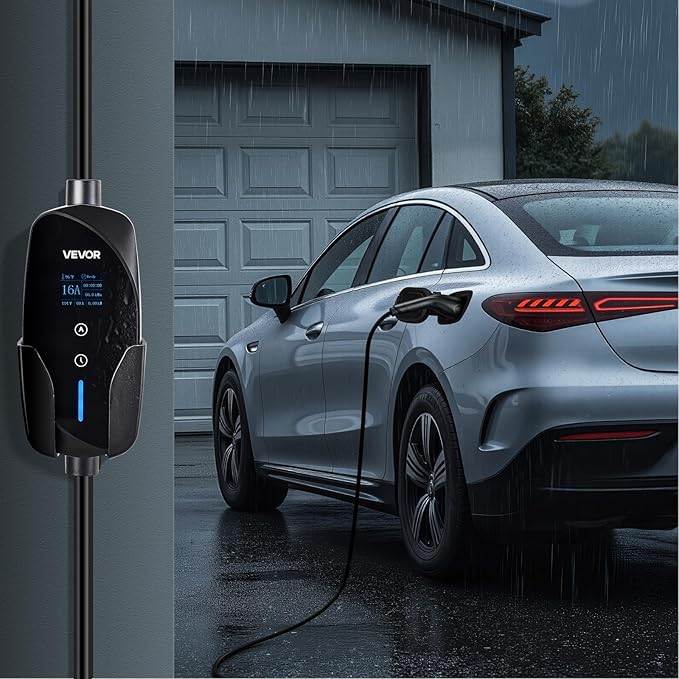 VEVOR Level 1&2 EV Charger, 16 Amp Adjustable Current, Electric Vehicle Portable Charger with 25 ft Cable, 120V-240V, NEMA 6-20P Plug NEMA 5-15 Adapter, LCD, Home Car Charging Station for SAE J1772 EV
