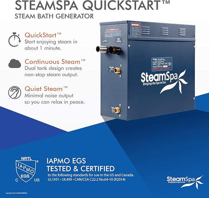 SteamSpa 9kW Steam Sauna Generator Executive Bundle 240V Steam Generator with Touch Pad, Steamheads, Pressure Relief Valve, Built-in Auto Drain, LED Light, Filter and Quick Install Kit EXT900BN-A